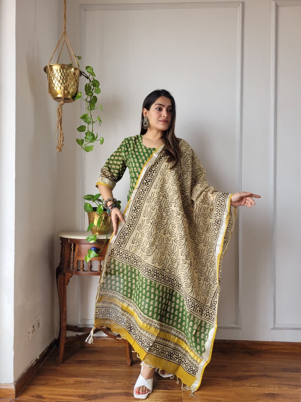 Green Bagru Hand Block Printed Linen Suit Set